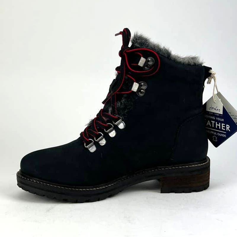 Joules Women US 5 Black Leather Faux Fur Hiking Ankle Snow Boots
