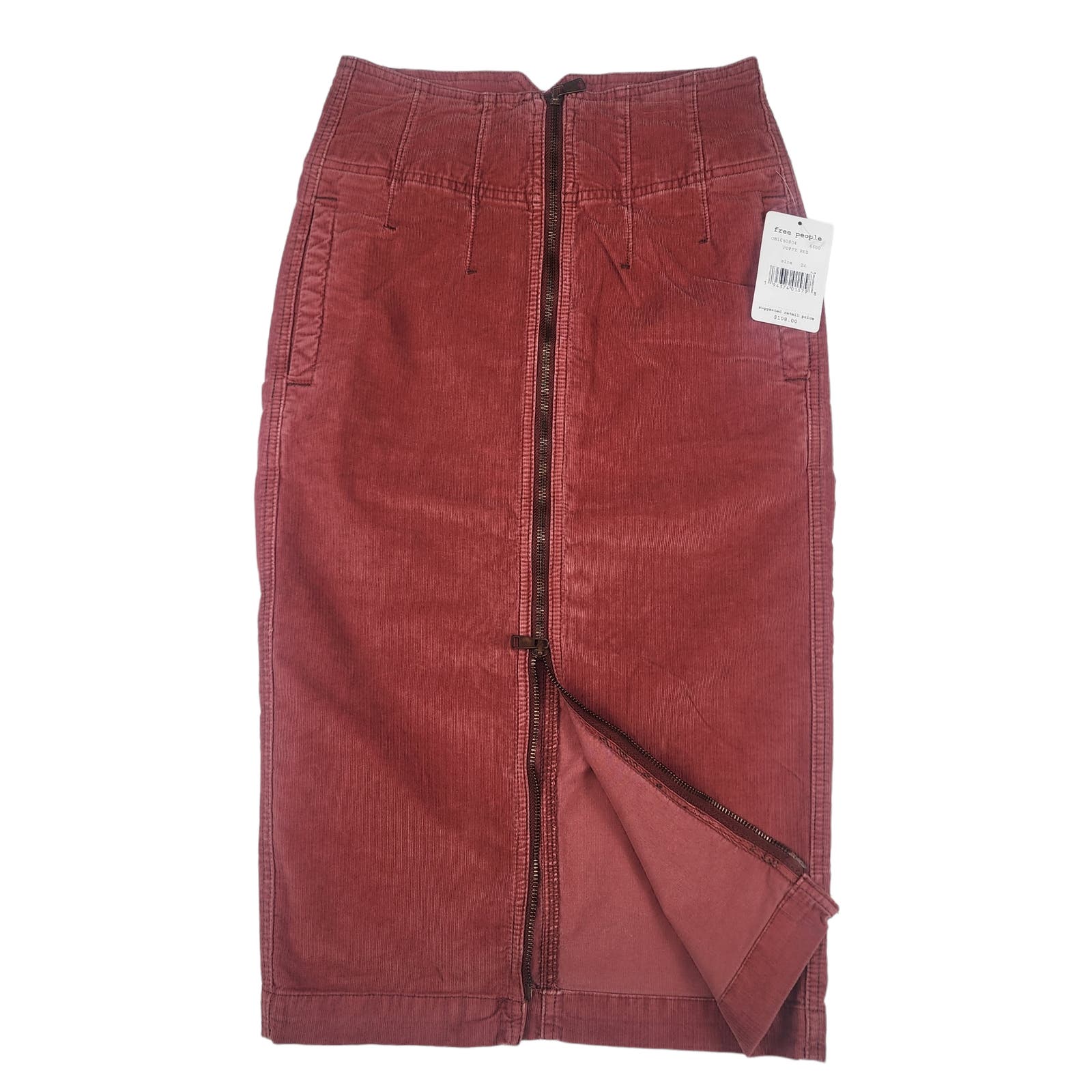 Free People Women Red Pencil Skirt US 24 Zipped Midi Corduroy