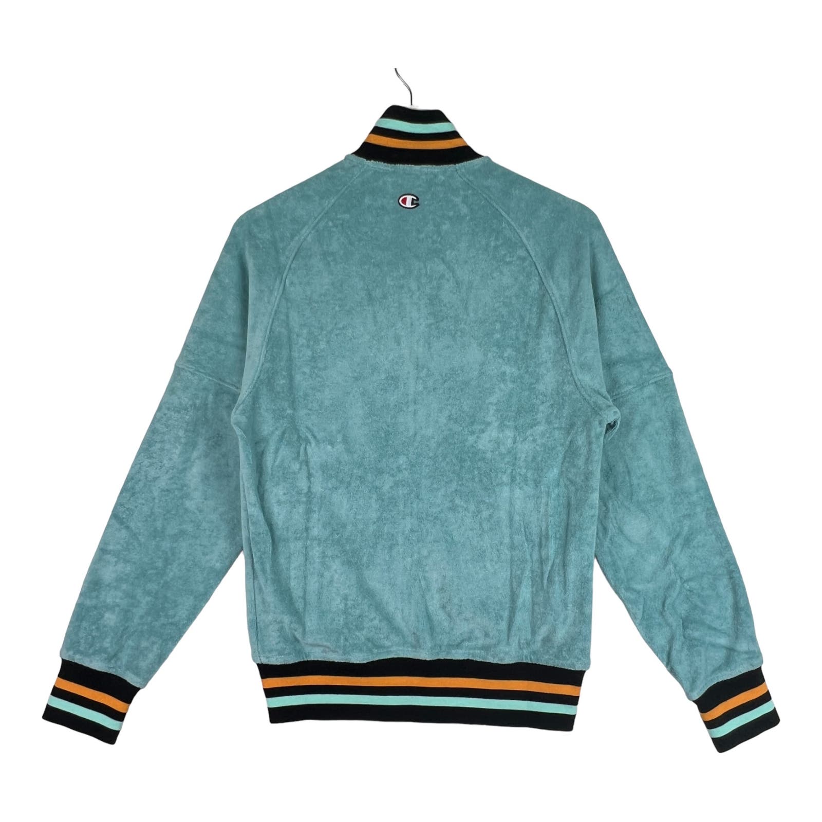 Champion Men Blue Turquoise Jacket US XS Velor Bomber Striped Cuffs