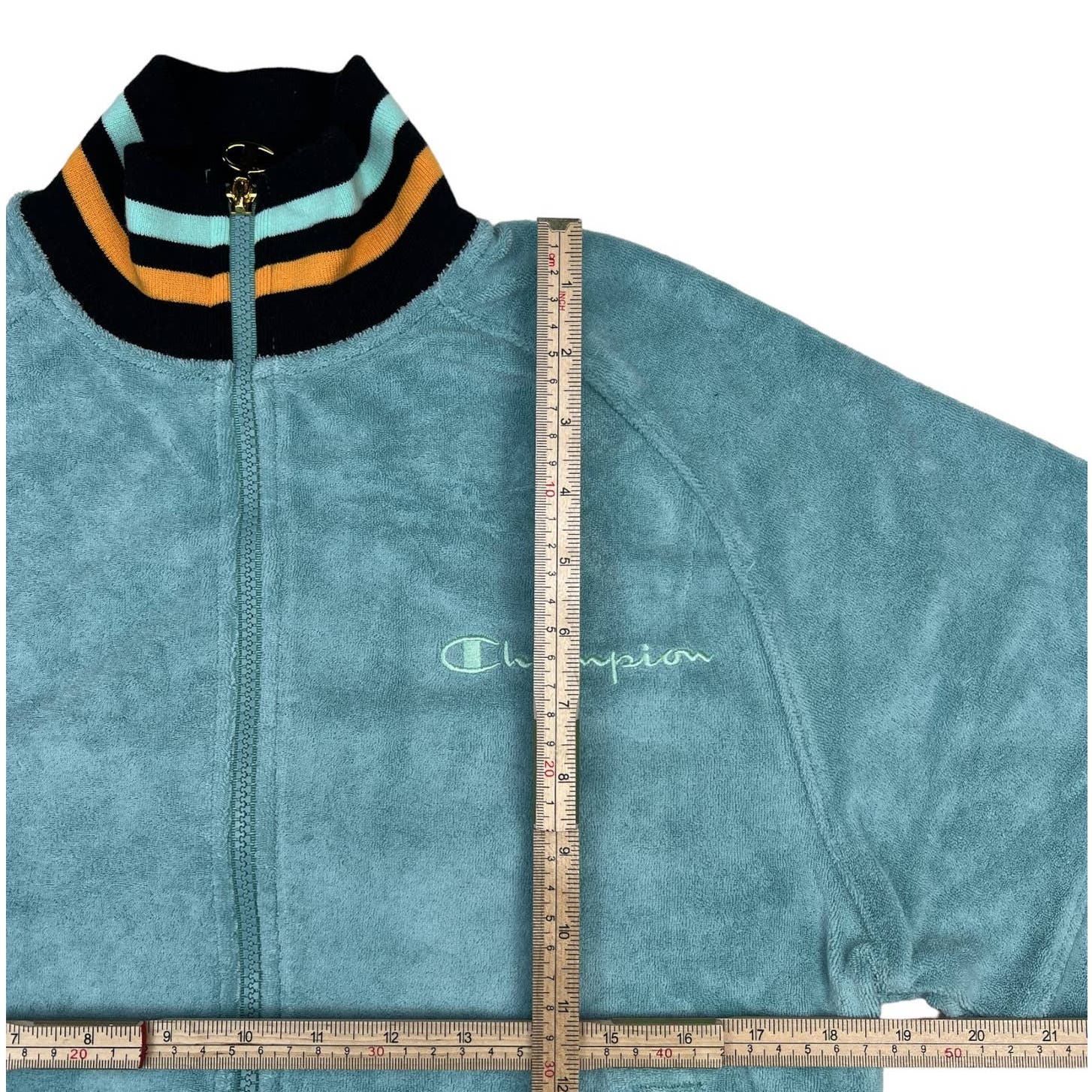 Champion Men Blue Turquoise Jacket US XS Velor Bomber Striped Cuffs