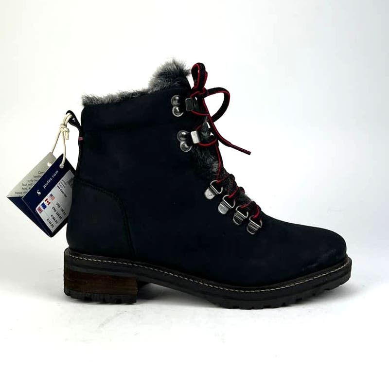 Joules Women US 5 Black Leather Faux Fur Hiking Ankle Snow Boots