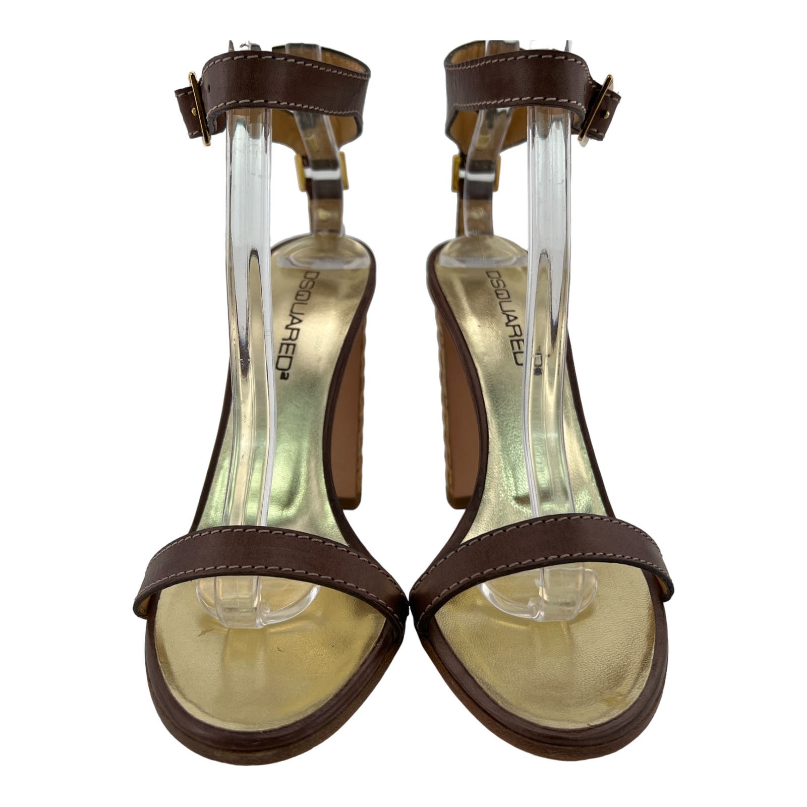 DSQUARED2 Women US 8 Brown Gold Leather Block Heel Ankle Strap