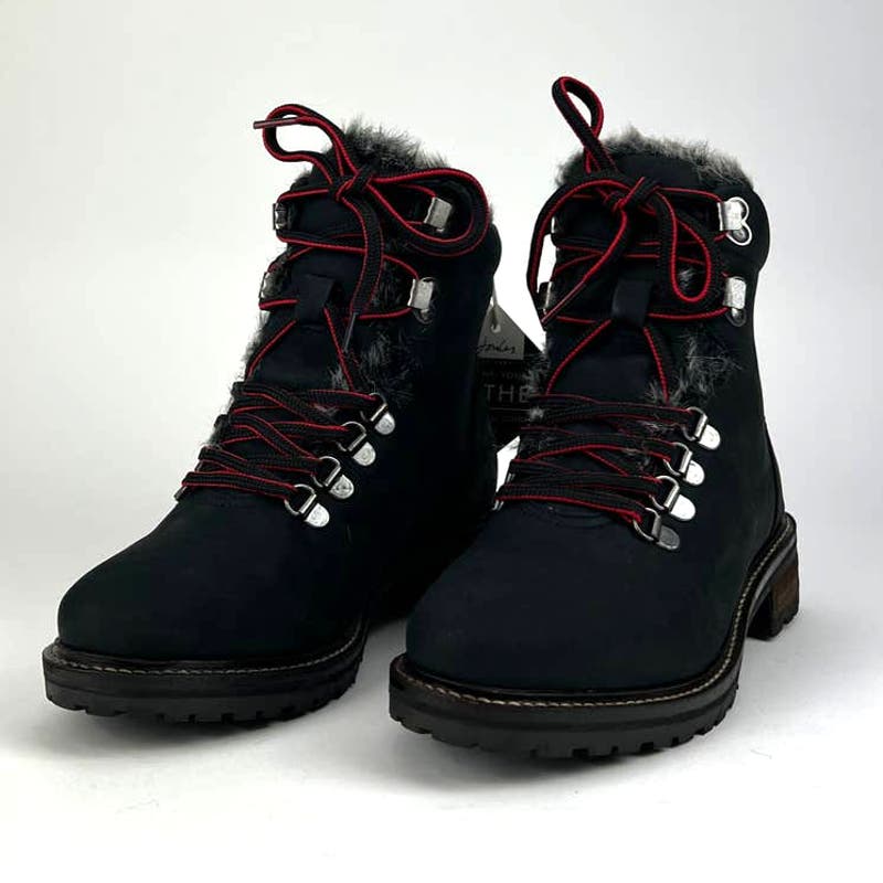 Joules Women US 5 Black Leather Faux Fur Hiking Ankle Snow Boots