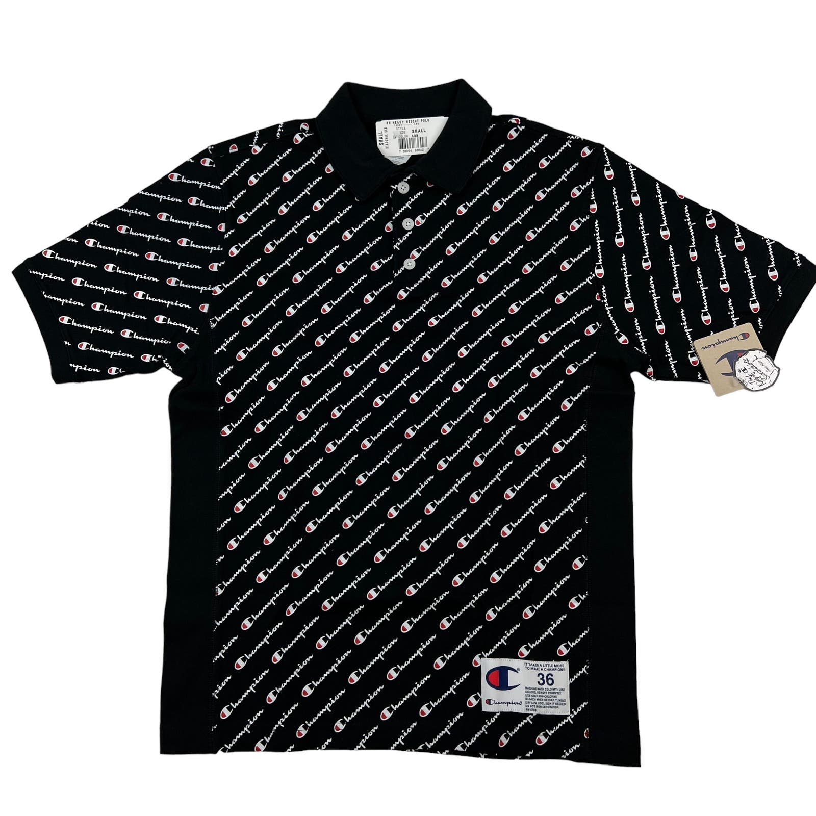 Champion Men Black Polo US S Short Sleeve White Logo Pattern