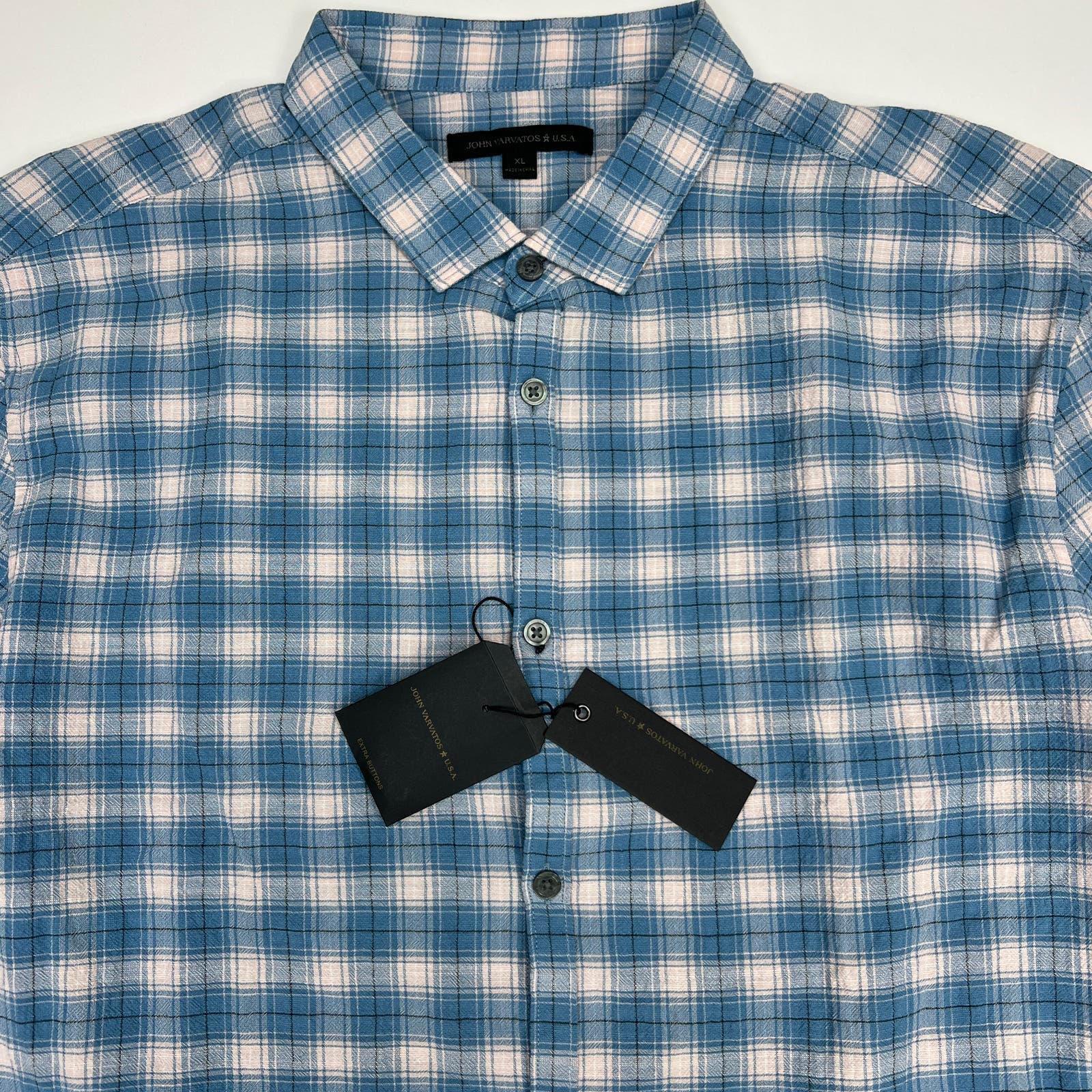 John Varvatos Men Blue White Plaid Shirt US XL Long Sleeve Button Down
