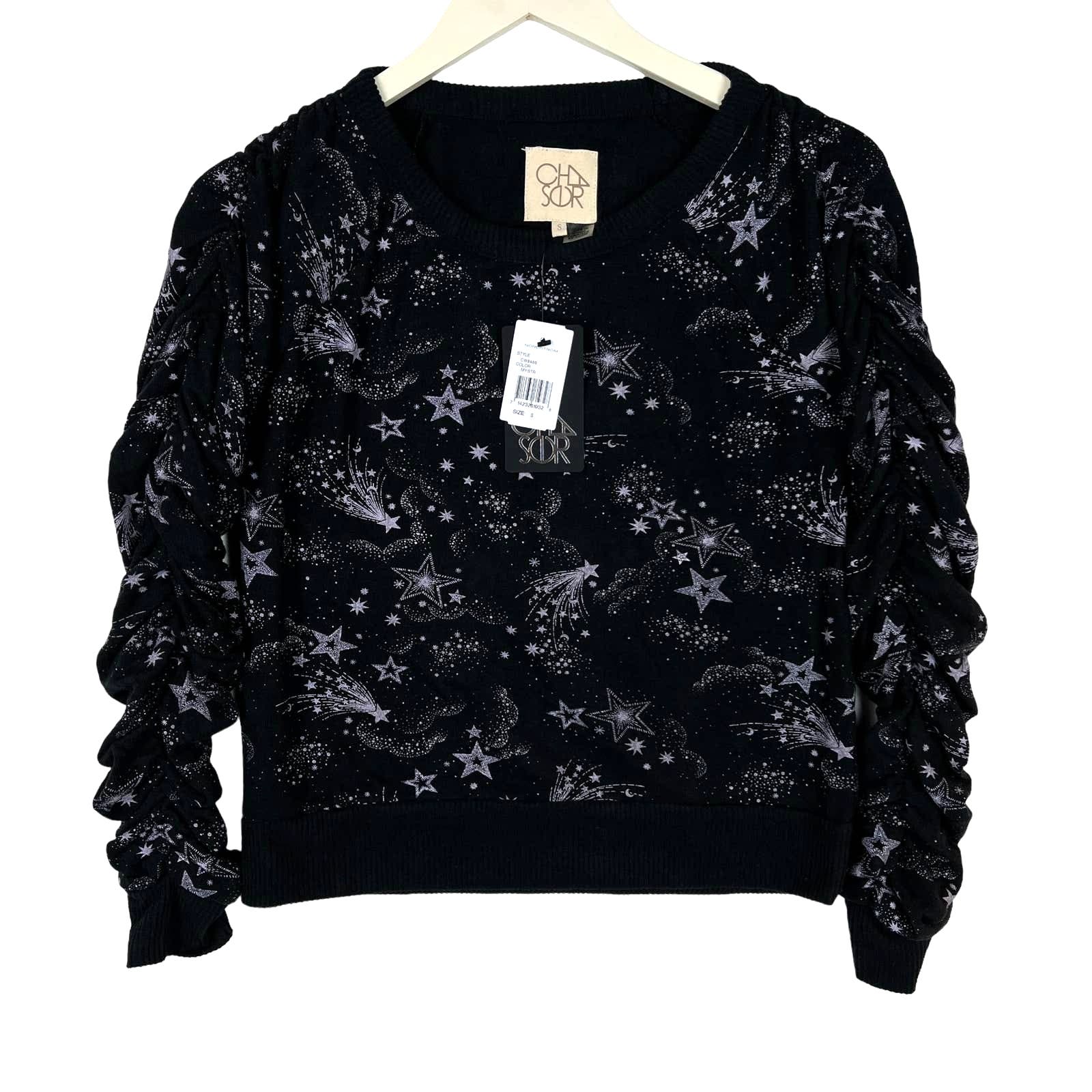 Chaser Women US S Black Sweatshirt Shirred Sleeve