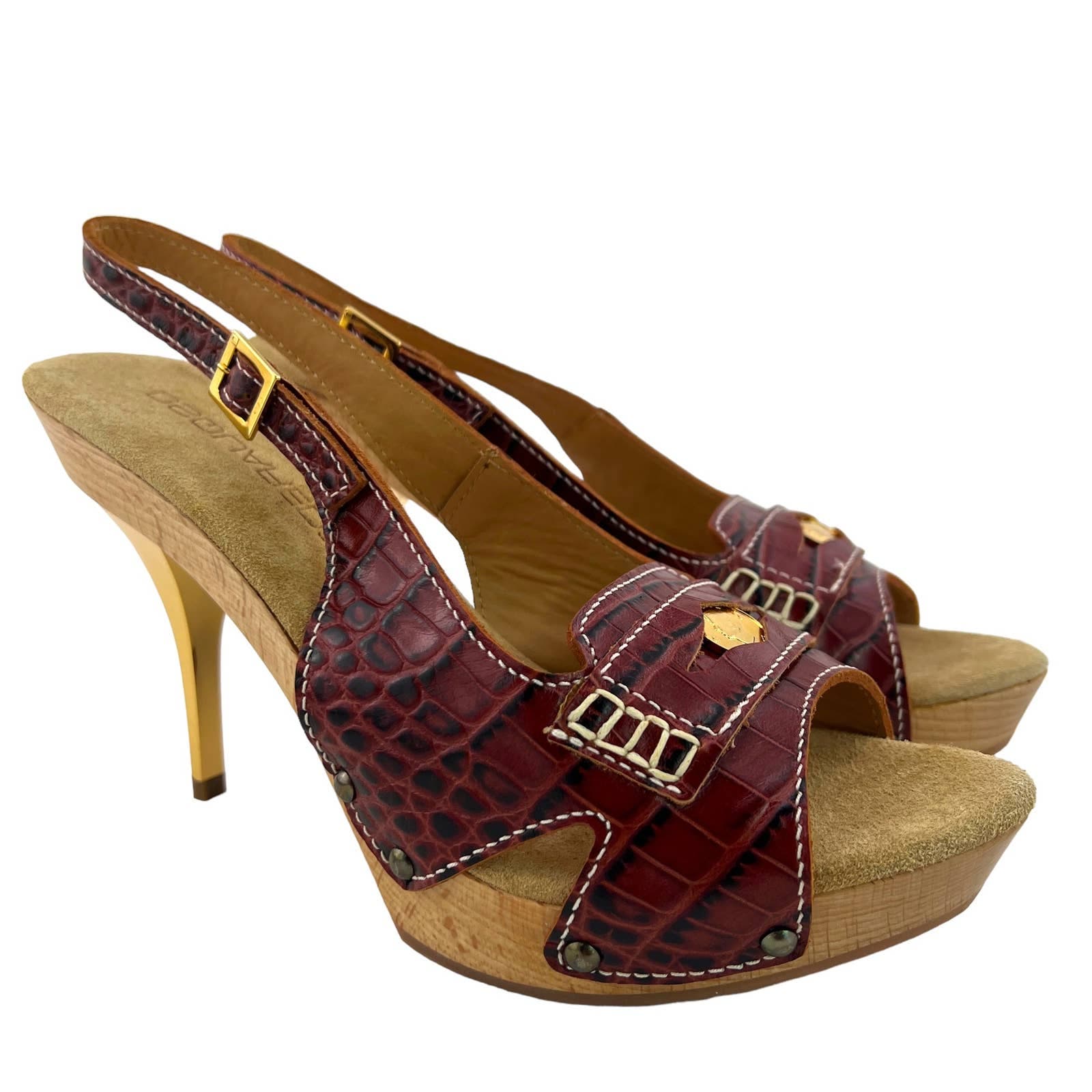 Dsquared2 Women US 8 Brown Leather Pumps Open Toe Mid Heel Shoes
