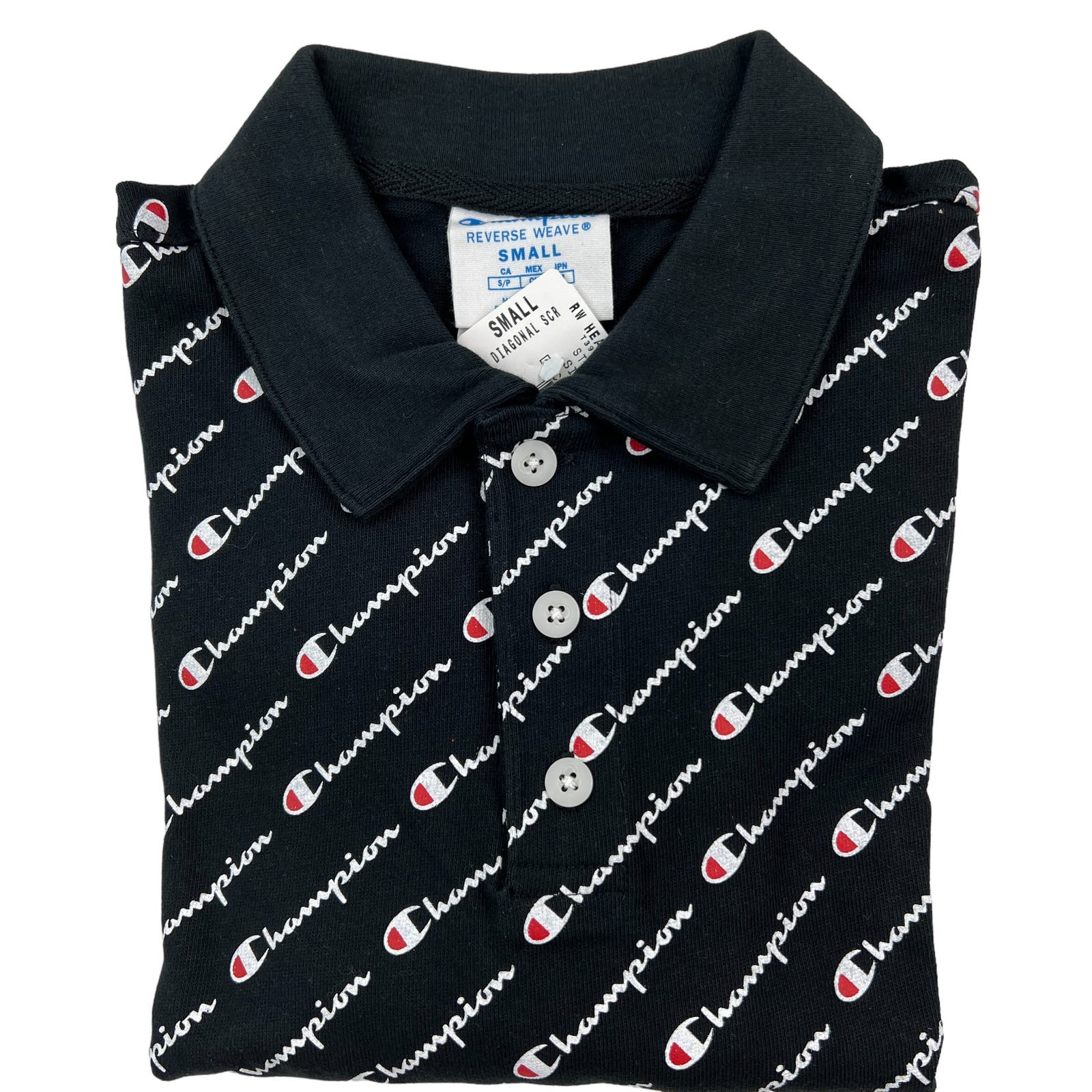 Champion Men Black Polo US S Short Sleeve White Logo Pattern