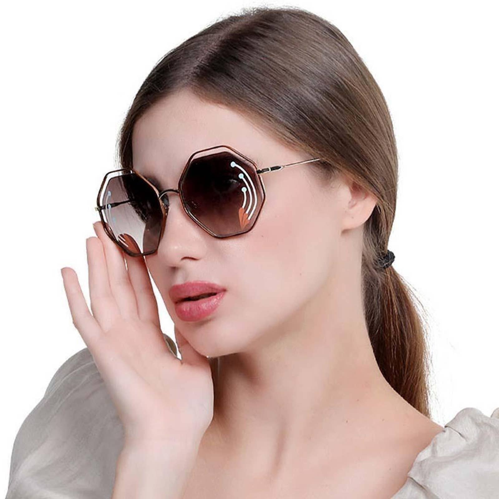 Women Octagonal Gold Brown Sunglasses CE132SRI-258