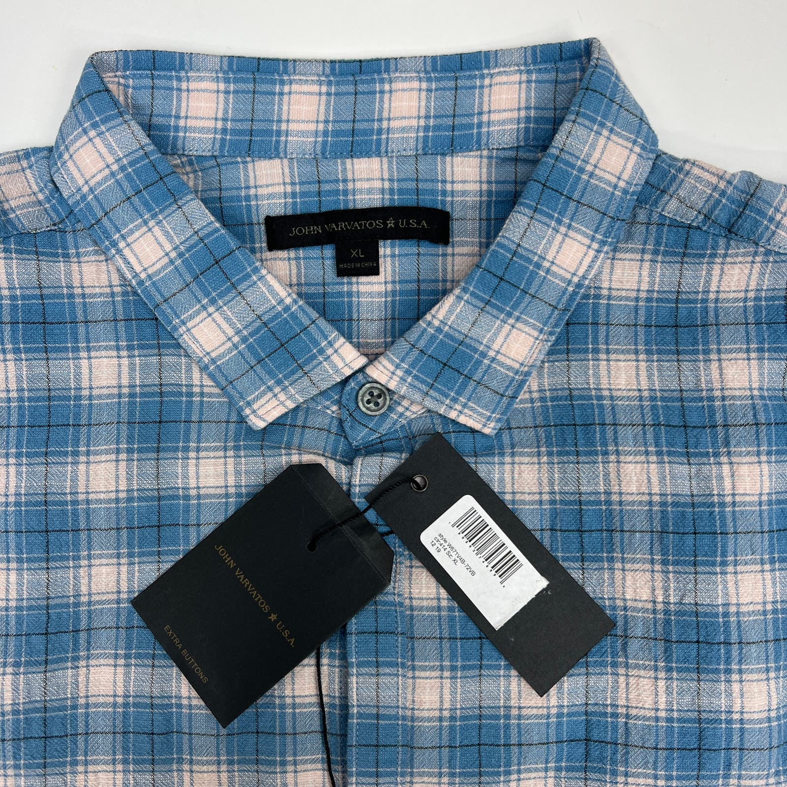 John Varvatos Men Blue White Plaid Shirt US XL Long Sleeve Button Down