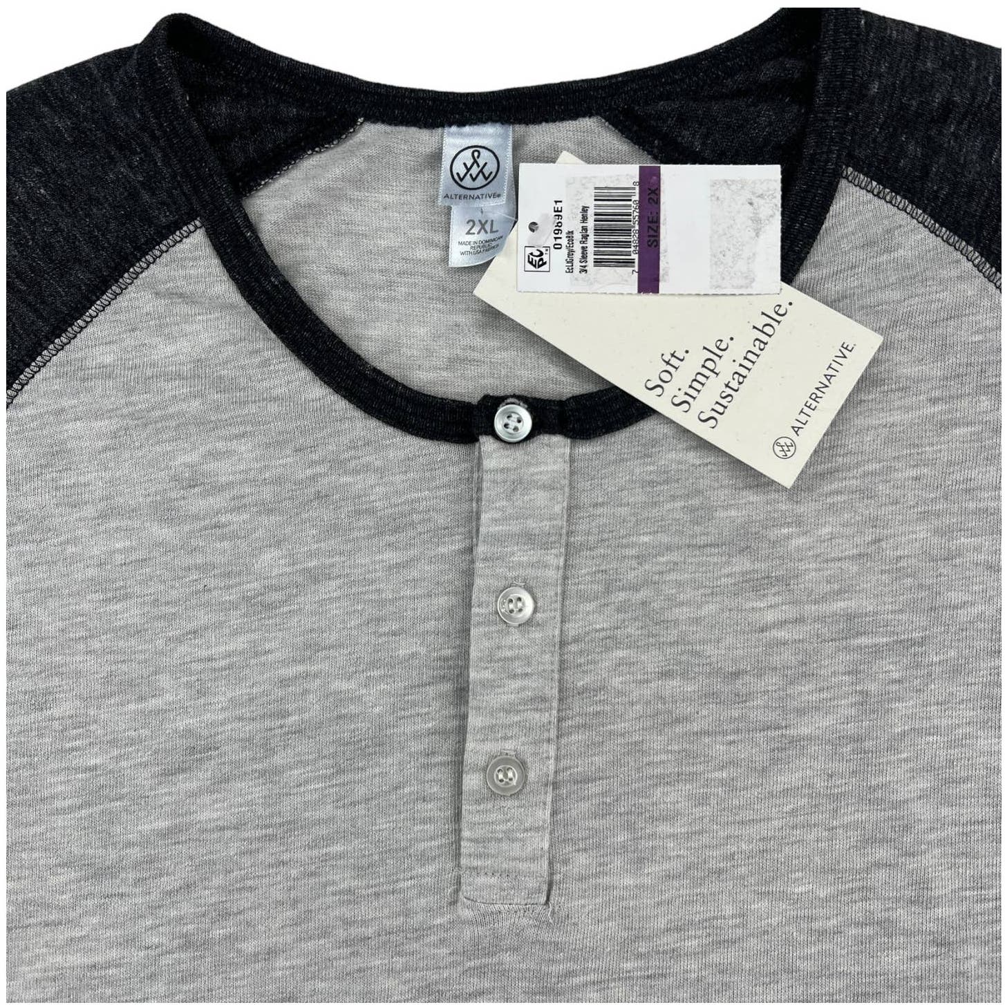 Alternative Men Grey Henley Crew Neck US XXL Middle Black Sleeve Sweatshirt