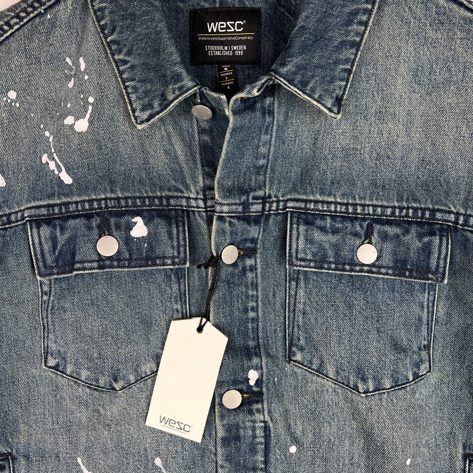 WeSC Unisex Jacket US M Men / US L Women White Paint Splatter Blue Denim