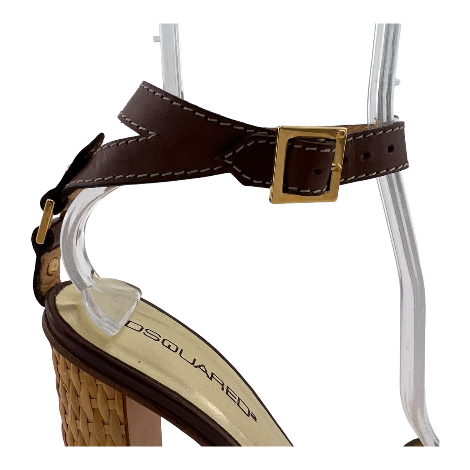 DSQUARED2 Women US 8 Brown Gold Leather Block Heel Ankle Strap