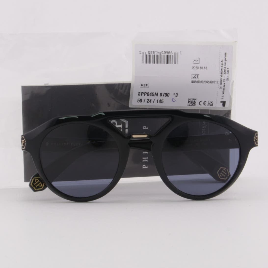 Men Designer Sunglasses SPP045M-0700 Black Full Rim Round Frame Blue Lens
