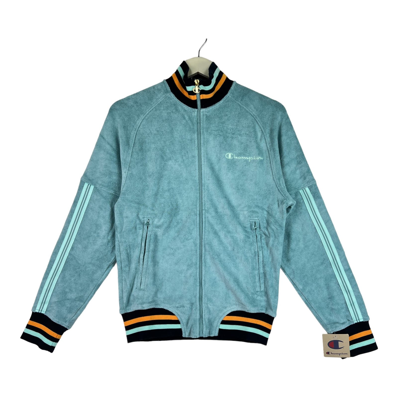 Champion Men Blue Turquoise Jacket US XS Velor Bomber Striped Cuffs