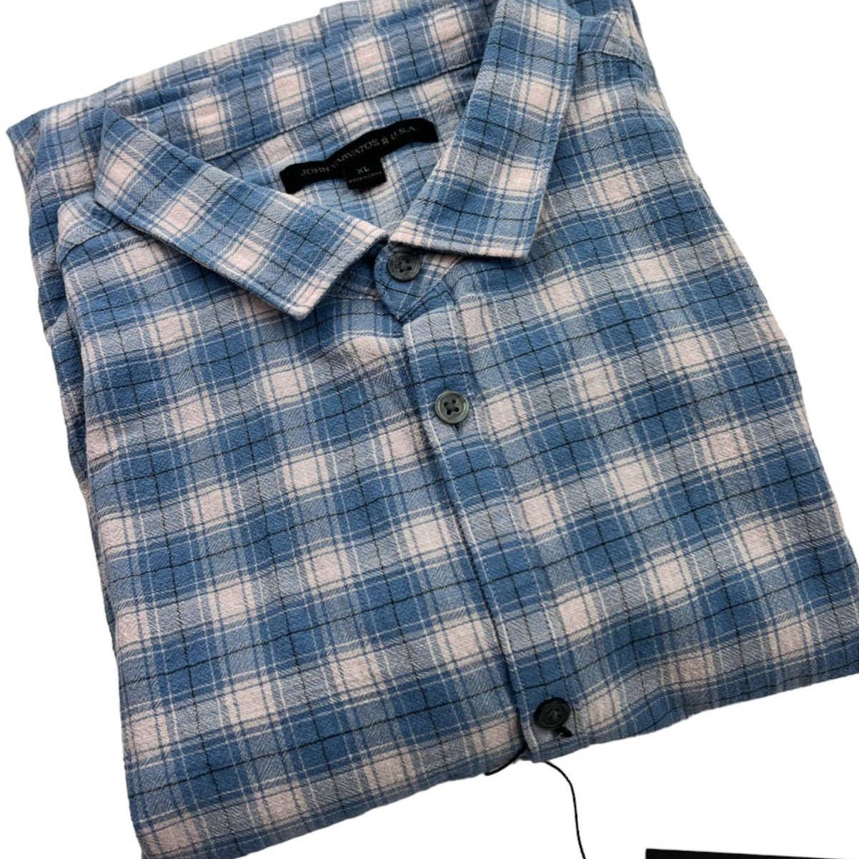 John Varvatos Men Blue White Plaid Shirt US XL Long Sleeve Button Down