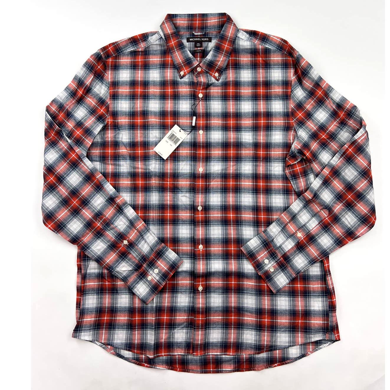 Michael Kors Men White Gray Orange Plaid US XXL Button Down Long Sleeve