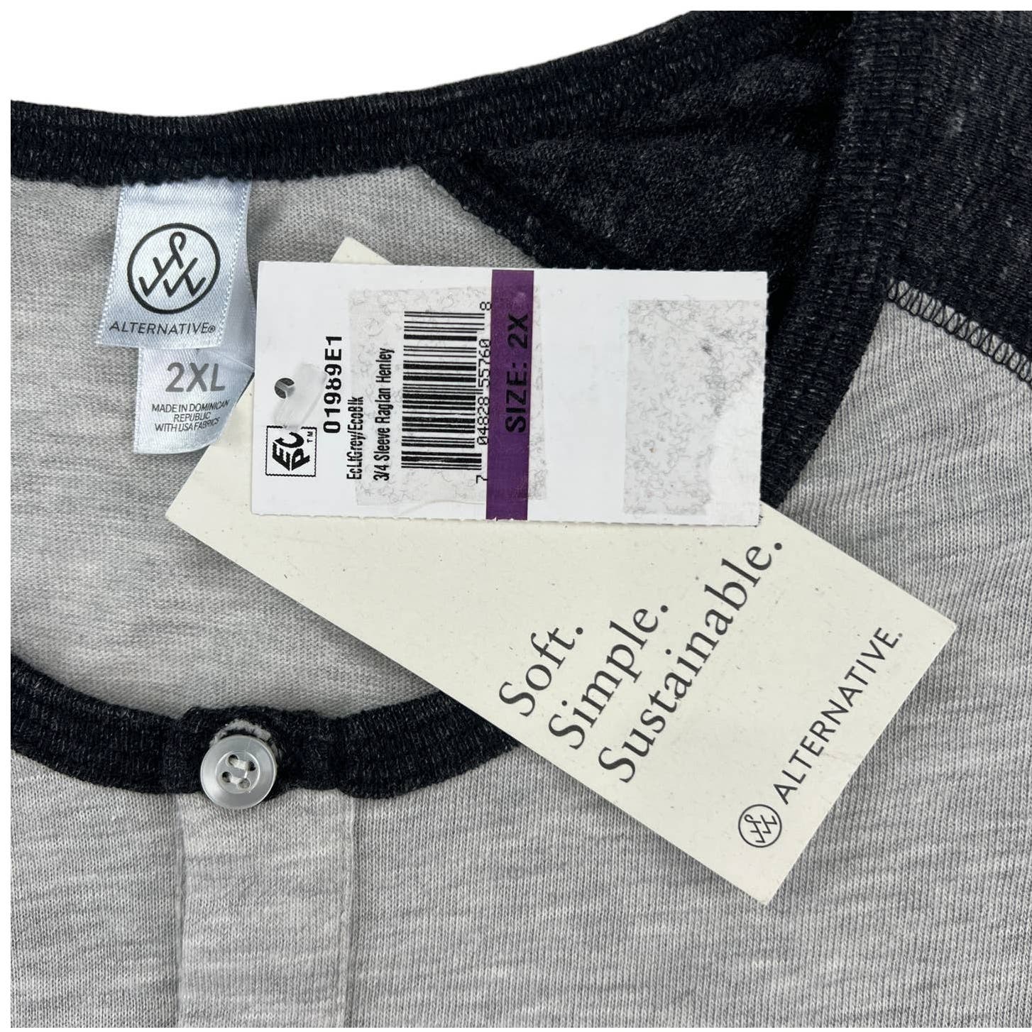 Alternative Men Grey Henley Crew Neck US XXL Middle Black Sleeve Sweatshirt