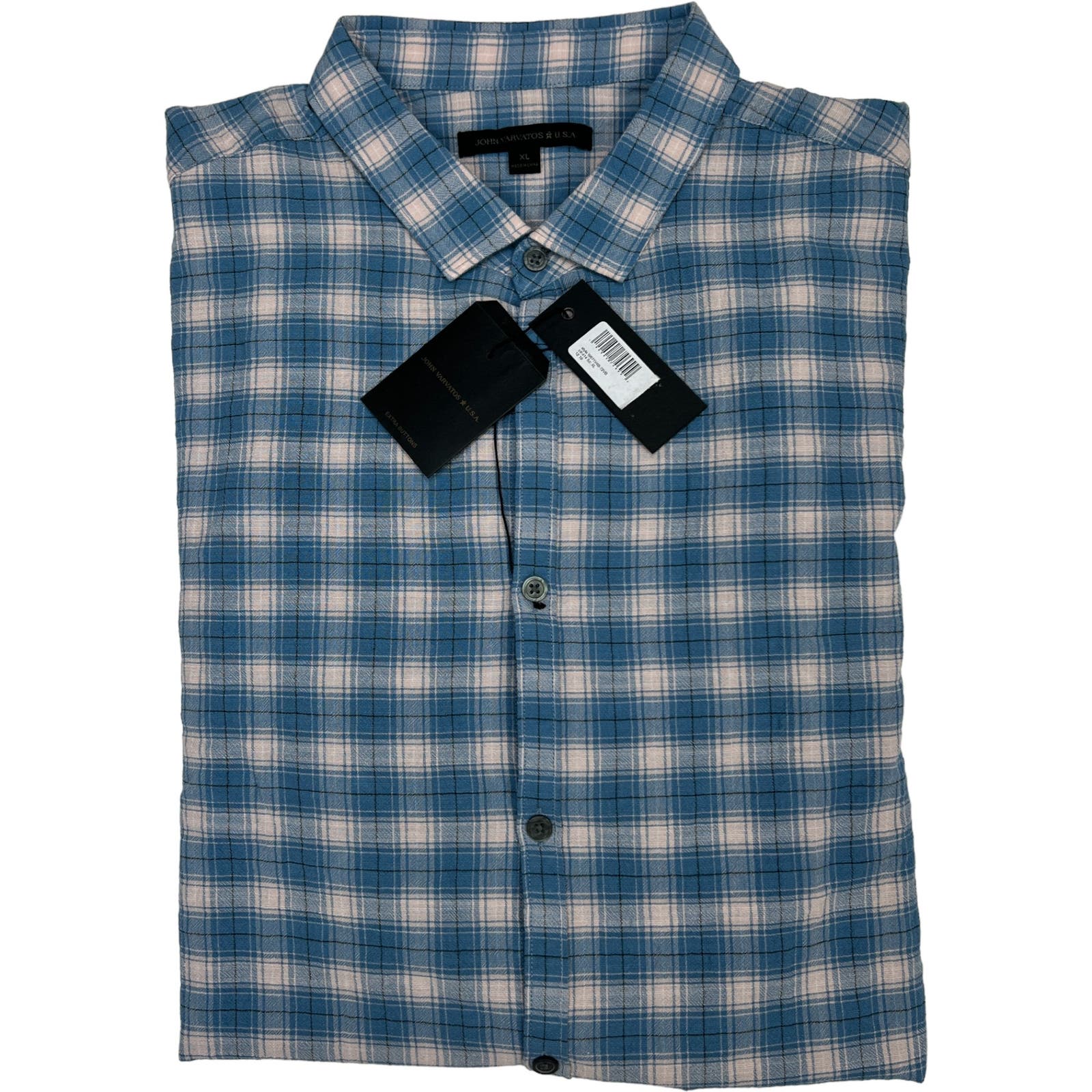 John Varvatos Men Blue White Plaid Shirt US XL Long Sleeve Button Down