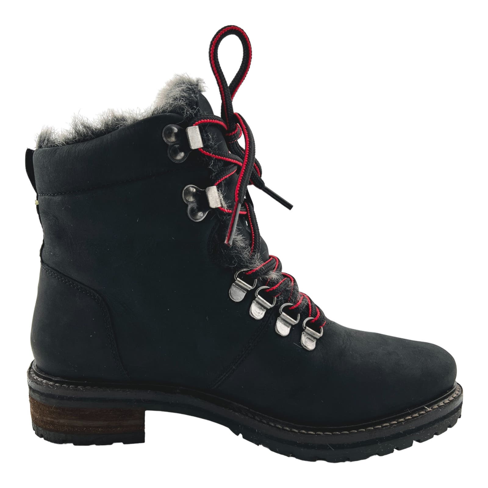 Joules Women US 5 Black Leather Faux Fur Hiking Ankle Snow Boots