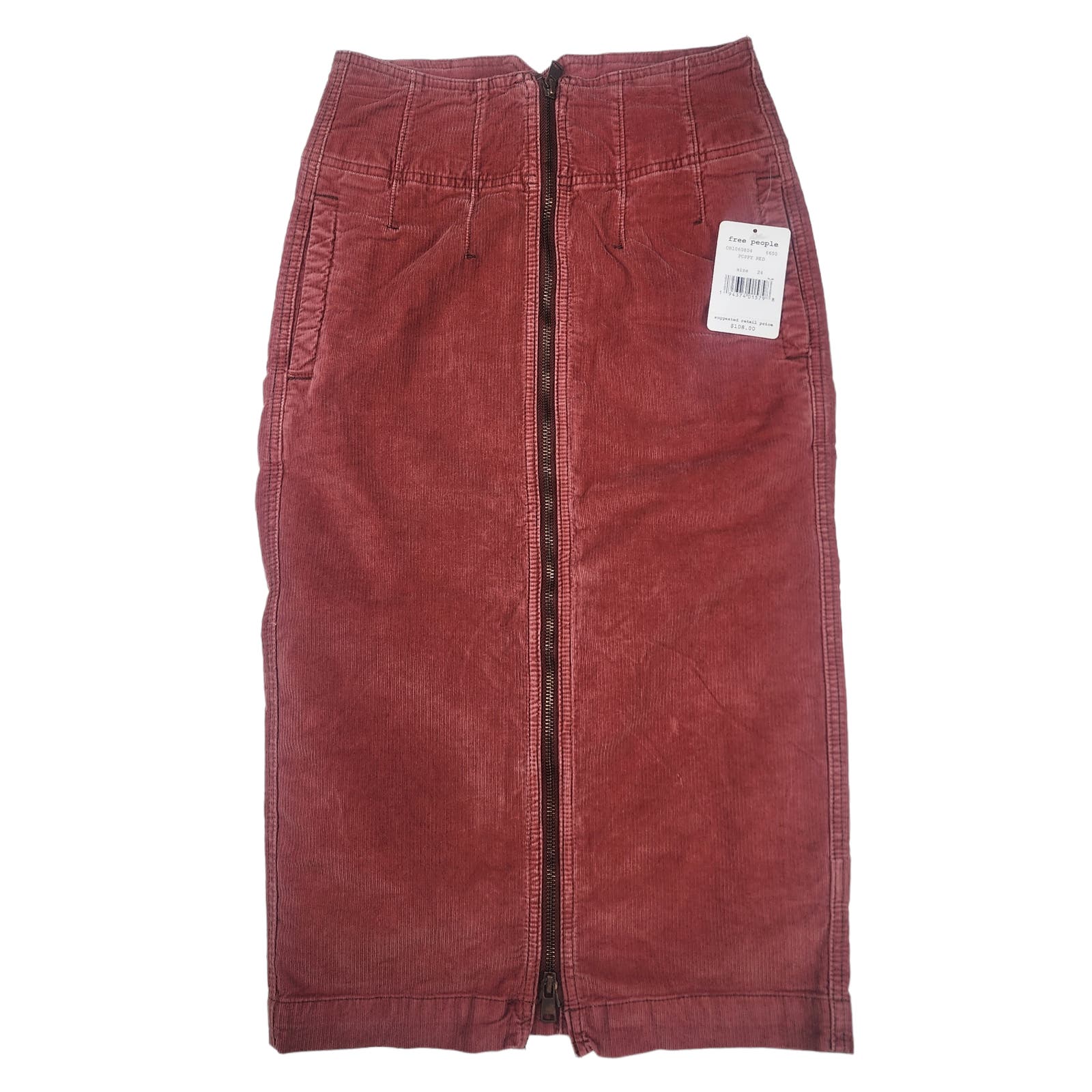 Free People Women Red Pencil Skirt US 24 Zipped Midi Corduroy