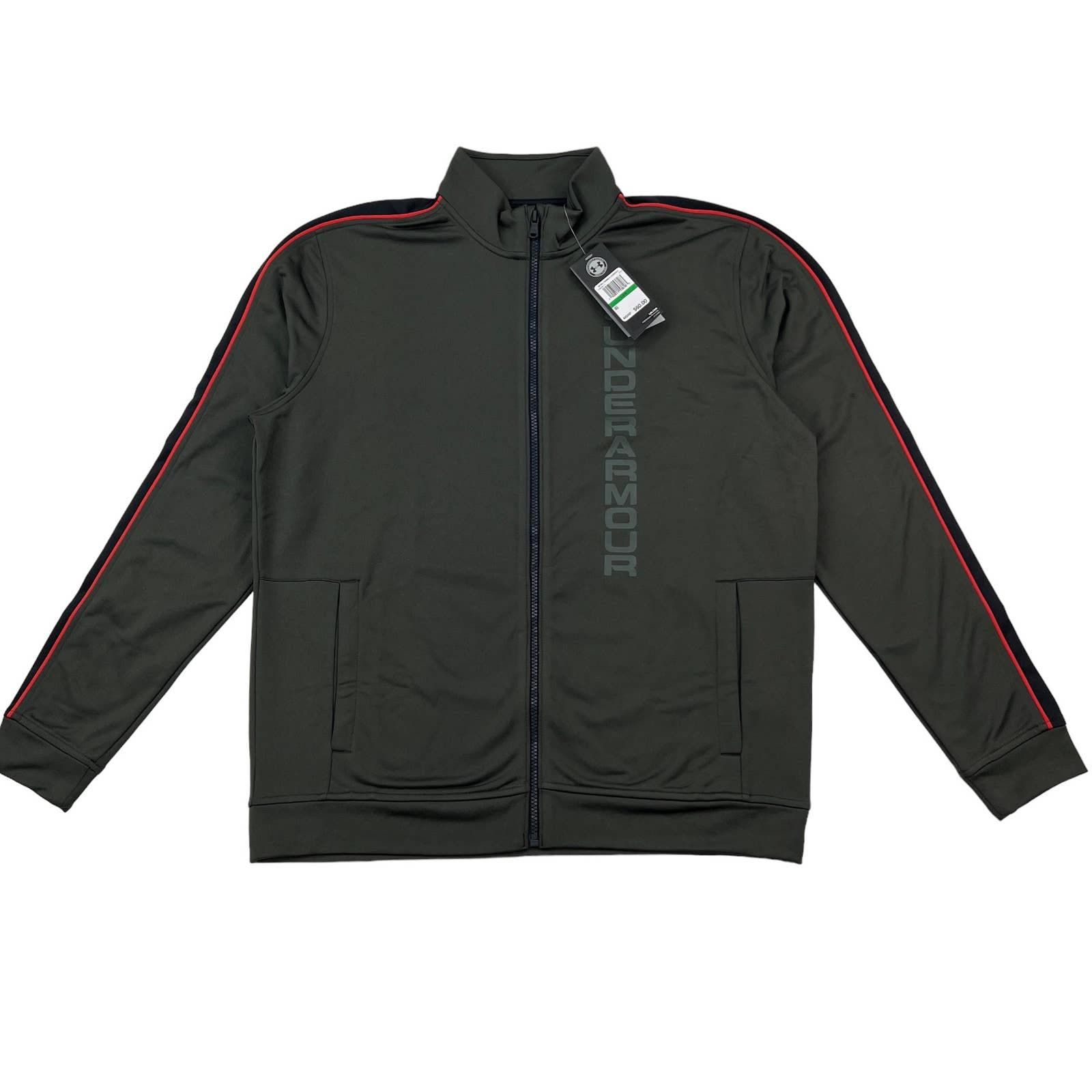 Under Armour Men Khaki Gray Full Zip Jacket US L Arm Stripes Long Sleeve