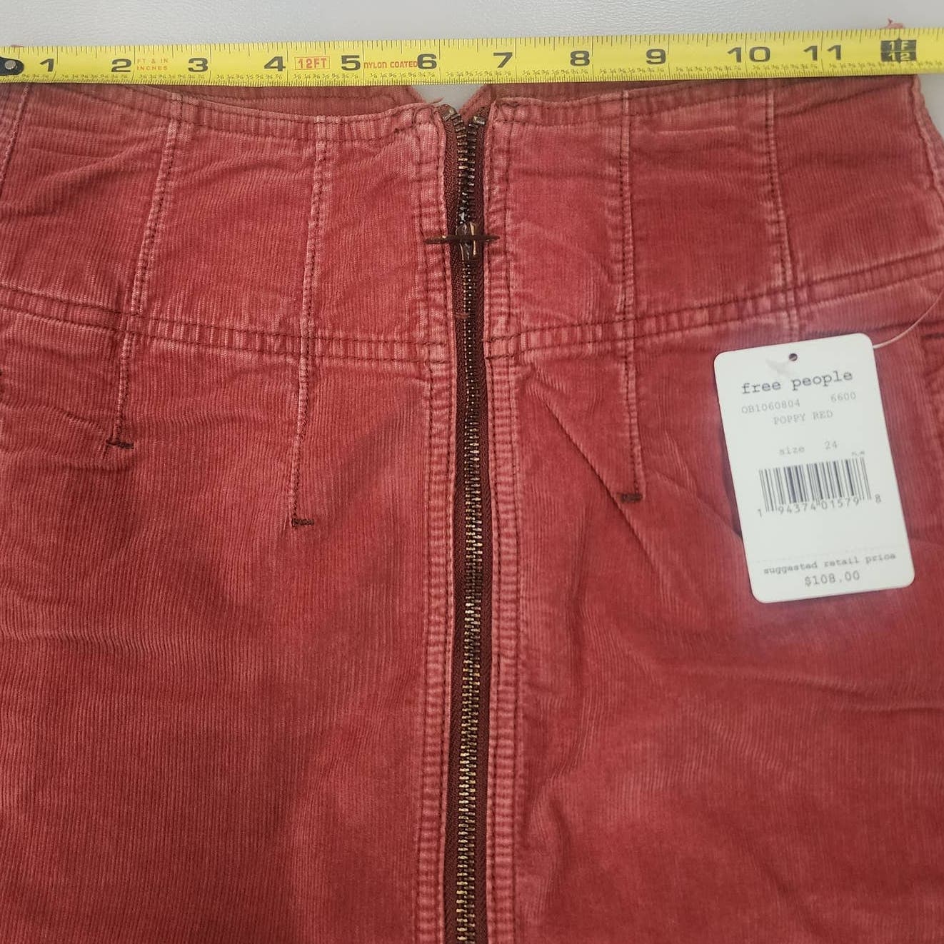 Free People Women Red Pencil Skirt US 24 Zipped Midi Corduroy