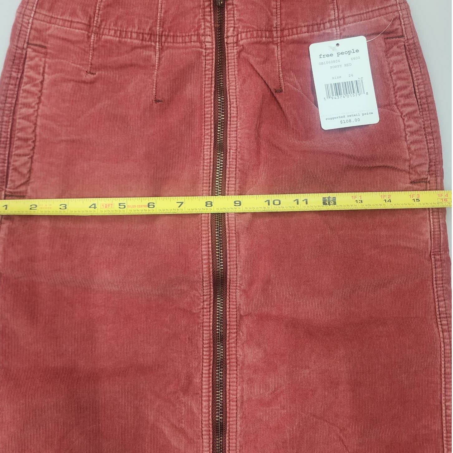 Free People Women Red Pencil Skirt US 24 Zipped Midi Corduroy