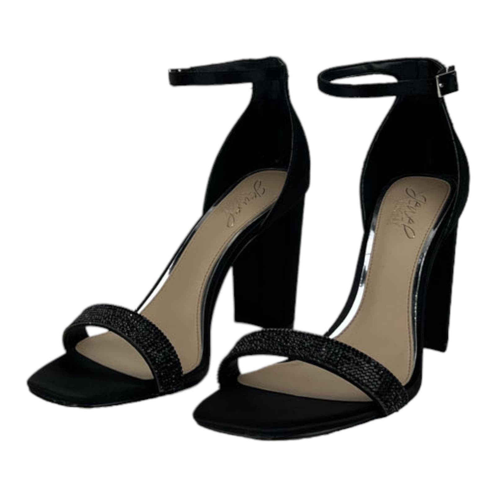 Badgley Mischka Women US 8.5 Synthetic Black Satin Block Heel Sandal